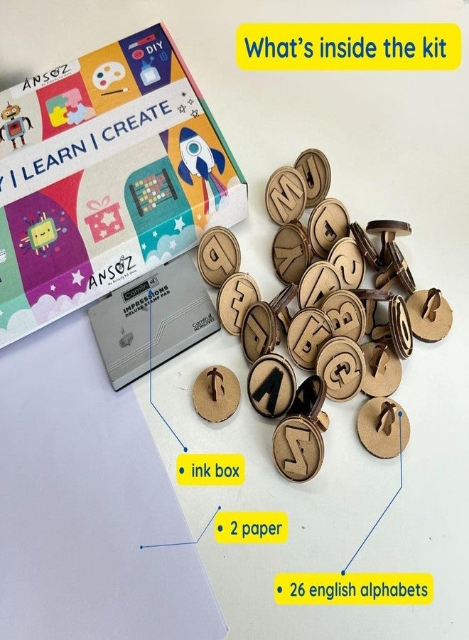 Ansoz Wooden English Alphabet Stamps with Ink Box, Educational Learning Kit - Image 2